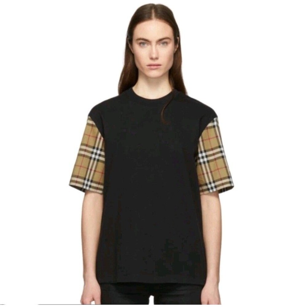 Burberry Black Serra Nova Check Sleeve Women's Tee Shirt Size 2XL